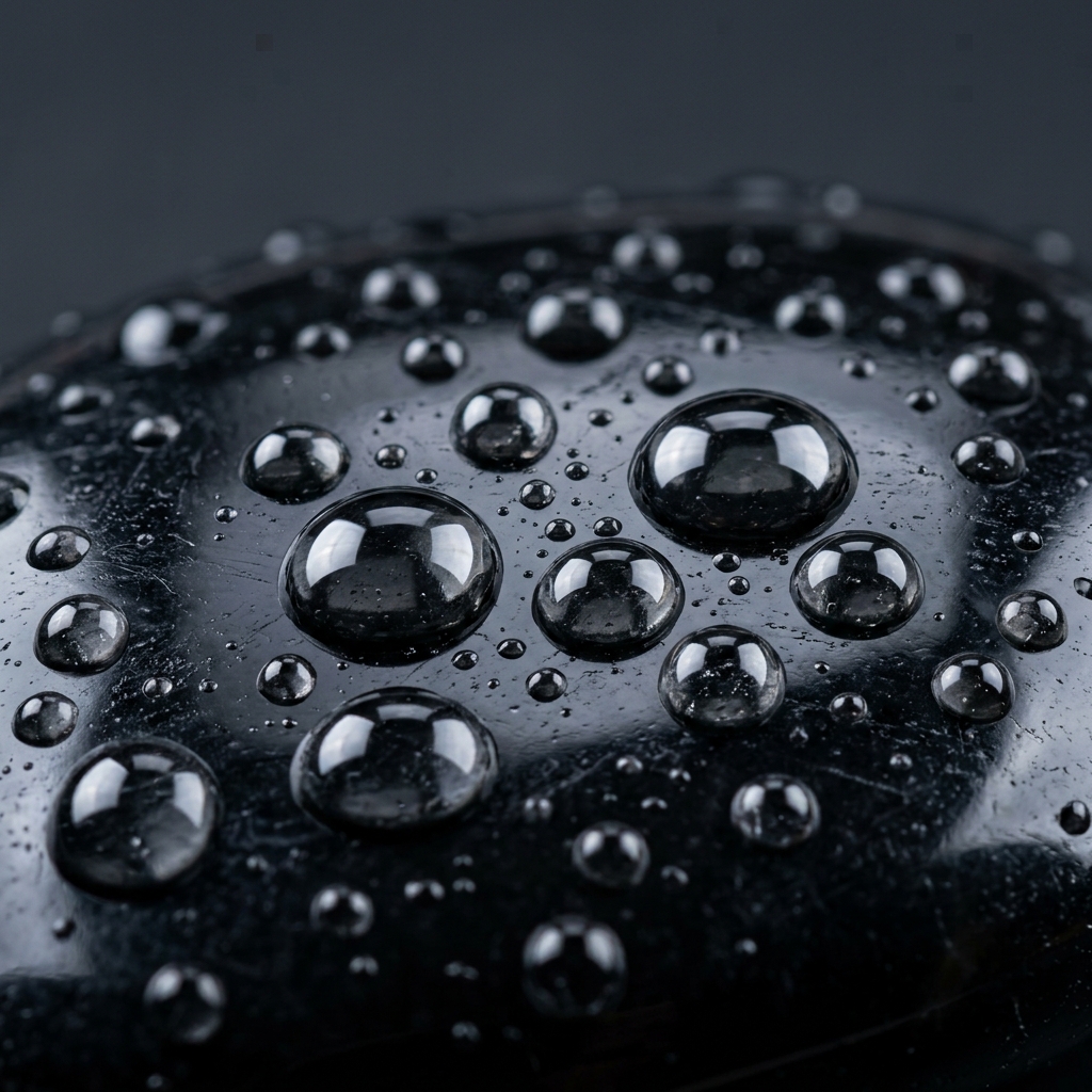 Macro droplets on obsidian rock