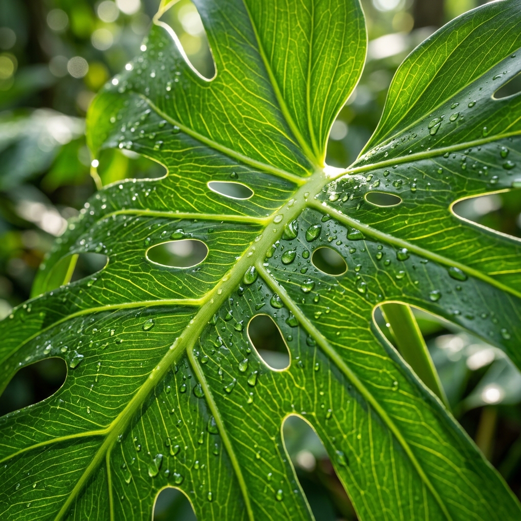 Leaf veins close-up with dew drops